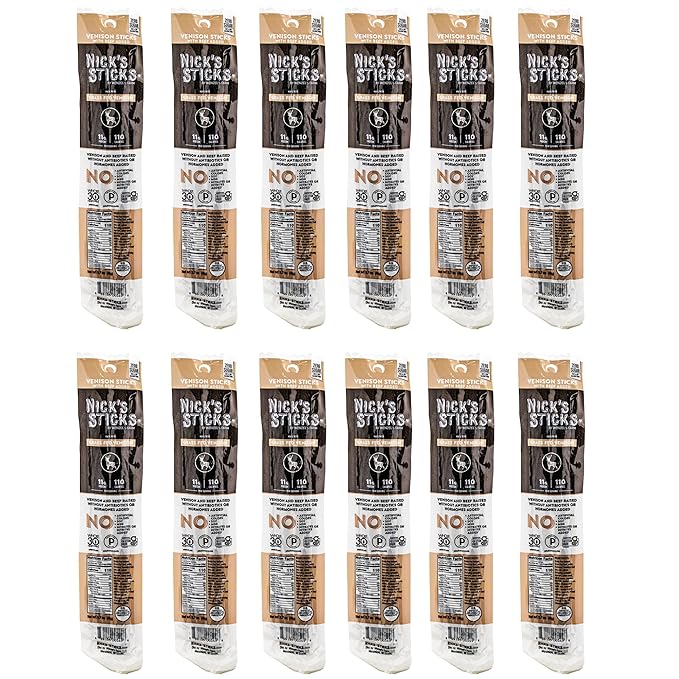 Nick's Sticks | 100% Grass-Fed Venison Sticks | Made in the USA | Gluten Free | Paleo | Keto | Whole30 Approved | No soy Antibiotics or Hormones (12-1.7 oz. Packages of 2 Sticks)