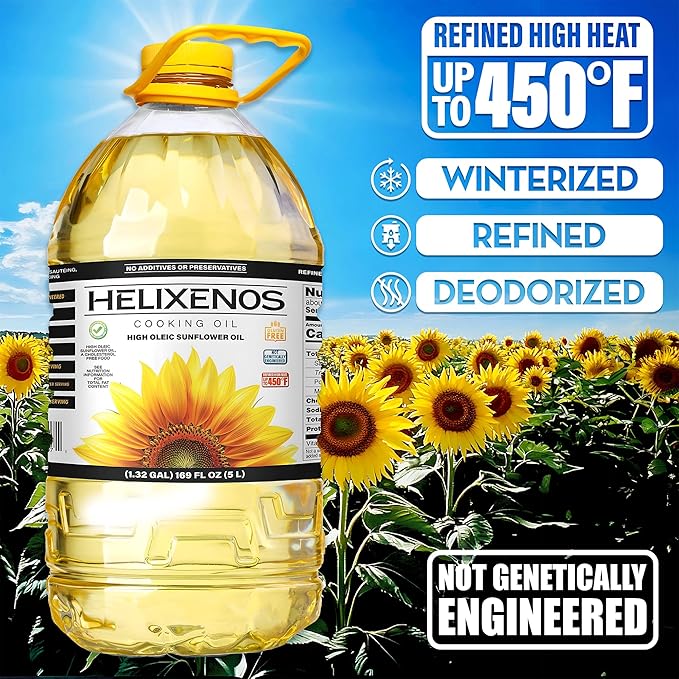 HELIXENOS High Oleic Sunflower Oil – Refined Deodorized &amp Winterized Non-GMO Gluten-Free Heart-Healthy Cooking Oil for Frying Baking Salad Dressing &amp Skincare – (169 Fl Oz x1)