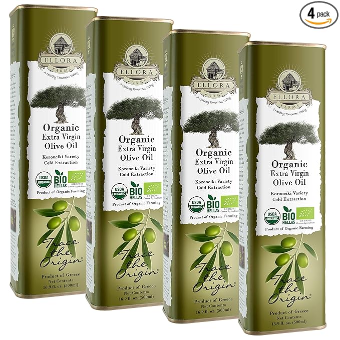 Ellora Farms Organic Extra Virgin Greek Olive Oil High in Phenols Cold Press Traceable Kosher 17 oz. tin Pack of 4