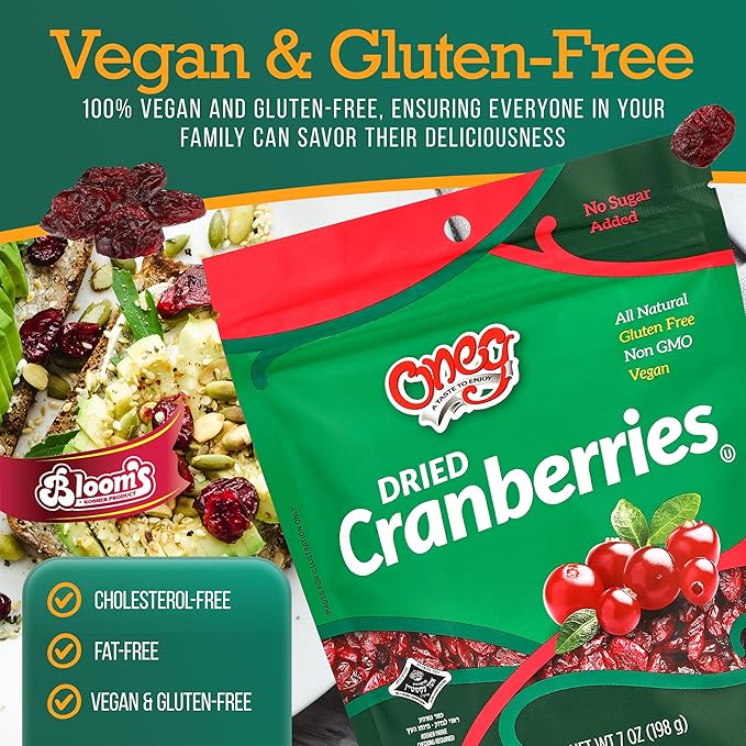 Oneg Dried Cranberries Dried Fruit Snack Gluten Free All Natural Healthy Snack for Kids and Adults Non-GMO Vegan No Sodium Cranberry Fruit Snack Sweet Snack in Resealable Bag 12 Pack 84 0z.