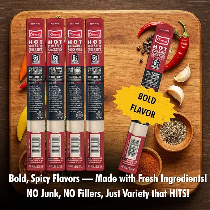 Jerky.com Hot Beef and Pork Jerky Meat Sticks 26 Pack (24 + 2 Bonus) | 5g Protein 90 Calories Gluten-Free Individually Wrapped Keto Friendly Low Carb Snack | Delicious Smoked Beef Jerky Sticks |
