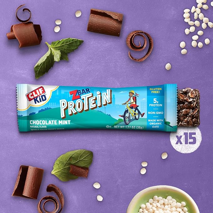 CLIF Kid Zbar Protein Bars - Chocolate Chip Chocolate Mint Cookies 'n Creme - 30 Count Pack with 5g Protein per Bar