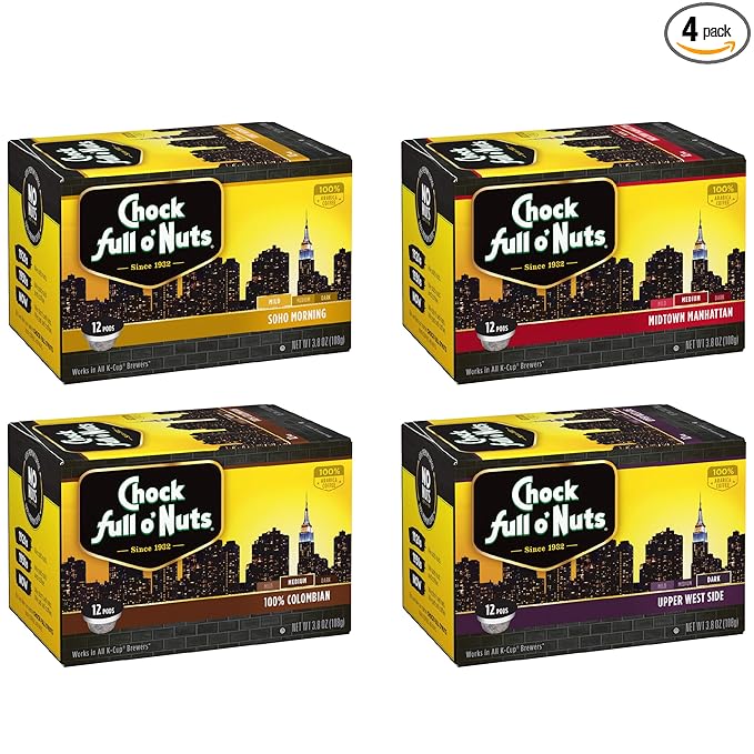 Chock Full o'Nuts Variety Pack K-Cup Compatible Pods (48 Count) - Arabica Coffee in Eco-Friendly Keurig-Compatible Single Serve Cups