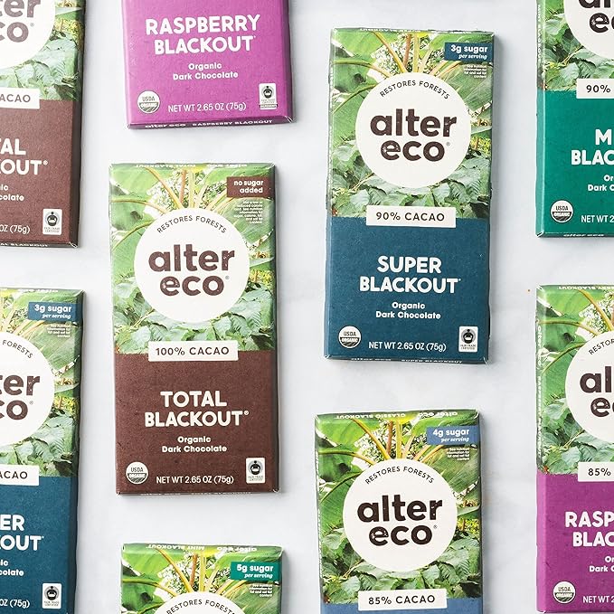 Alter Eco | Dark Chocolate Blackout Variety 4-Pack | Super Blackout Classic Blackout Mint Blackout Raspberry Blackout | Fair Trade Organic Non-GMO Gluten Free | 4 Flavors 1 of each Bar
