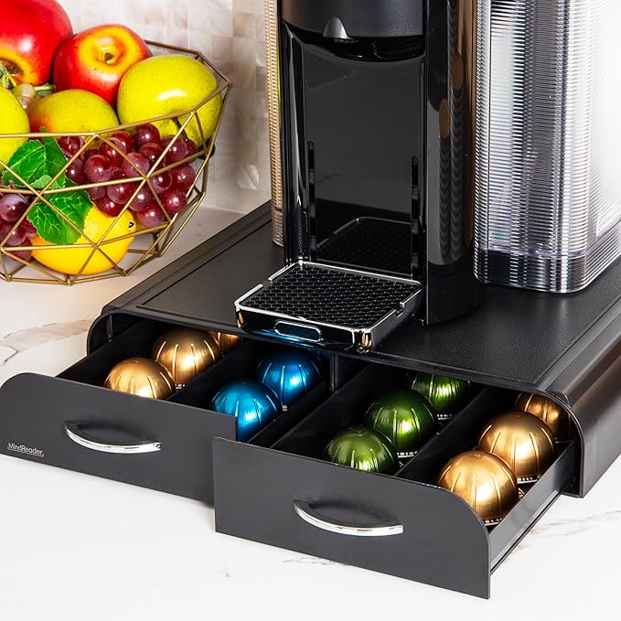 Mind Reader Single Serve Coffee Pod Organizer with 2 Drawers Compatible with 18 Vertuoline (7.77 fl oz) or 72 Original Nespresso (1.35 fl oz) capsules Plastic 13.25L x 12.75W x 2.5H Black