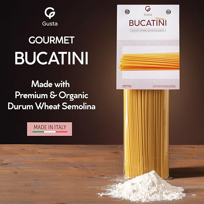 Gusta Bucatini Pasta Noodles - Premium Italian Pasta from Italy - Durum Wheat Semolina Organic Al Dente Pasta - Non-GMO &amp Gourmet Pasta - Family Owned Brand - 17.64oz / 500g (2 Pack)