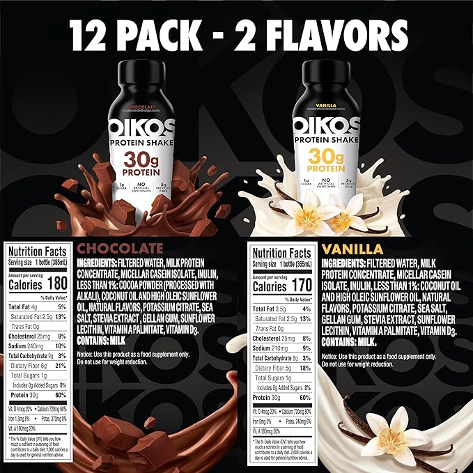 Oikos Protein Shake Exclusive Variety Pack 30g High Protein Drinks Shelf Stable Ready to Drink 5g Prebiotic Fiber 12 fl oz Bottle (8 ct Chocolate 4 ct Vanilla)
