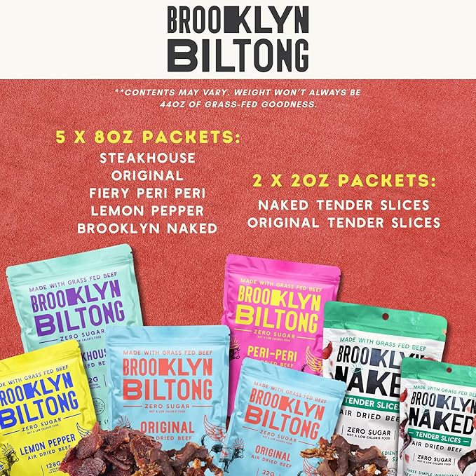 Brooklyn Biltong Beef Jerky Gift for Men (Biltong Gift Box Pack of 7) – Premium Air-Dried Grass-Fed Healthy Beef High Protein Keto &amp Gluten-Free Snacks Whole30 Biltong Box Made in USA