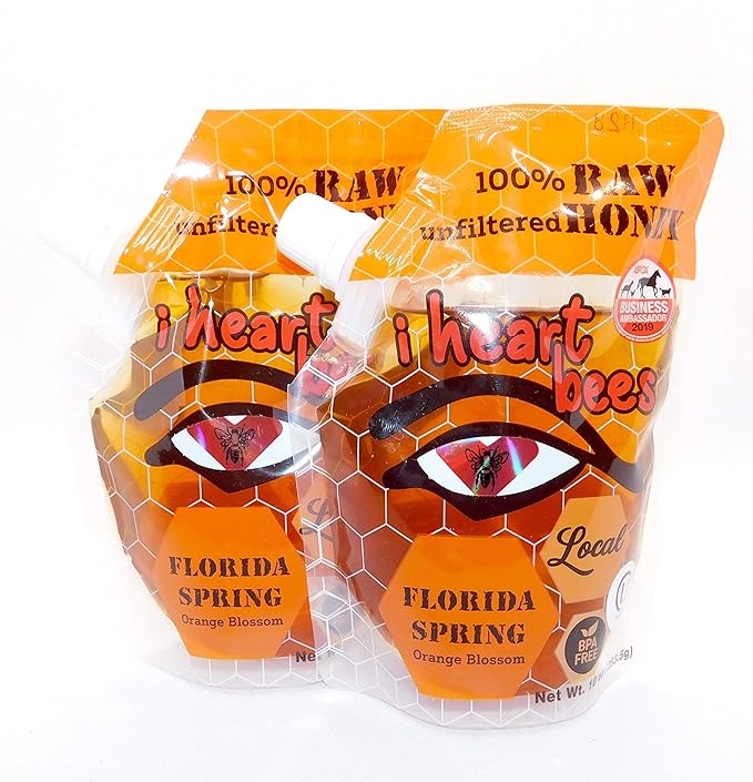 I HEART BEES - Florida Spring Orange Blossom Honey - 2 Pouches - 10 Ounces Each - Raw and Unfiltered Honey Kosher Certified