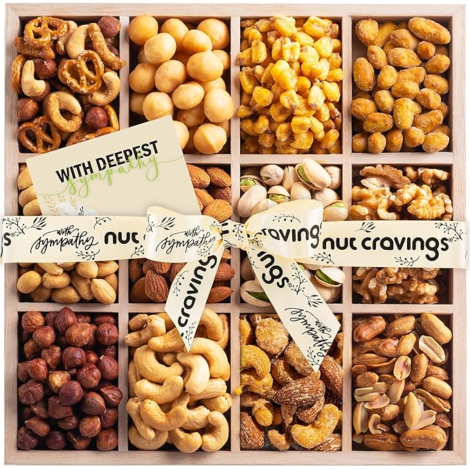 NUT CRAVINGS Gourmet Collection - Sympathy Condolence Nuts Gift Basket with Sympathy Ribbon + Greeting Card in Reusable Wooden Tray (12 Assortments) Food Platter Healthy Snack Care Package