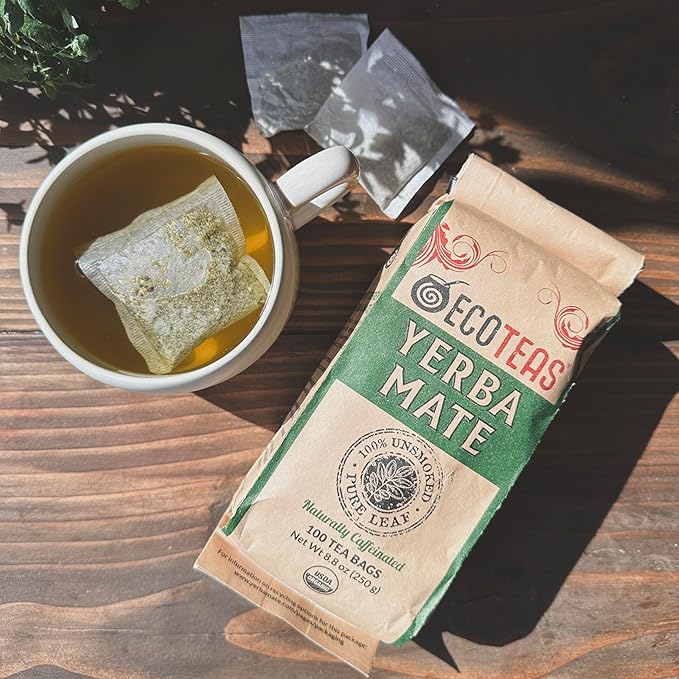 ECOTEAS Premium Organic Yerba Mate Tea Bags – Natural Energy &amp Detox Herbal Tea – Coffee Alternative - Kosher Non-GMO Gluten-Free - 100 Unsmoked Bulk Bags 8.8 oz (Pack of 2)