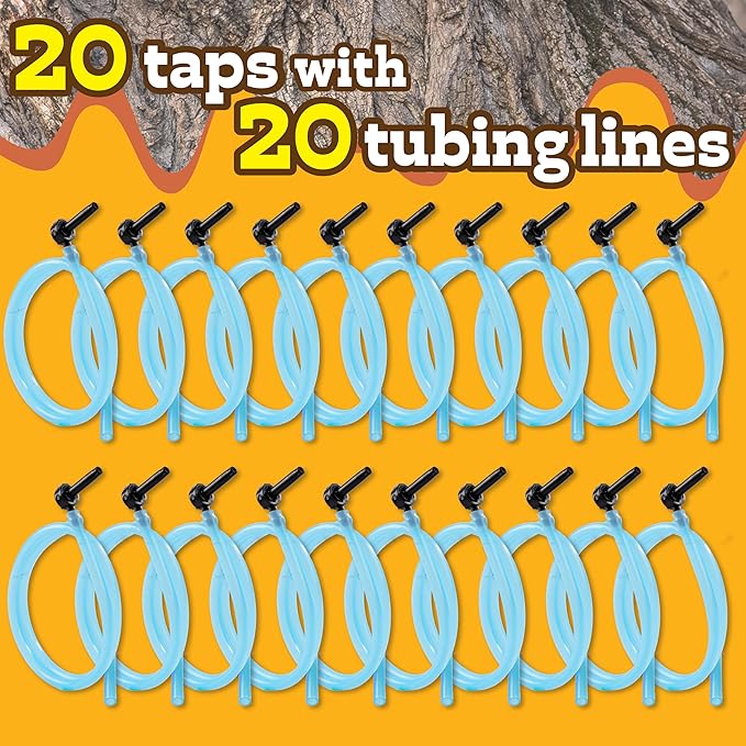 Deluxe Maple Syrup Tree Tapping &amp Sugaring Starter Kit - 20 Sap Taps &amp 20 ft Extra Long Food-Grade Tubing Drop Lines - Complete Winter Gift Set for Experts or Beginners- Includes Spiles and Tu