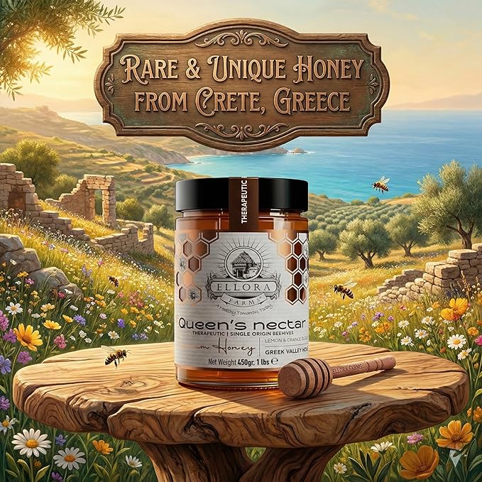 Ellora Farms Greek Honey Lemon &amp Orange Blossom Raw Honey Unfiltered 2025 Paris Platinum Award Non-GMO and Unpasteurized Dipper Included - 450g (1lbs)