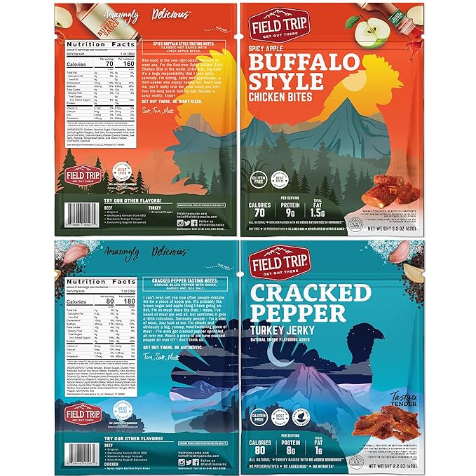 Field Trip Turkey Chicken and Beef Jerky Variety Pack Healthy Gluten Free Snacks All Natural Paleo-Friendly Meat Snacks with No Nitrates Low Carb High Protein Snacks 2.2 Ounce Bag 7 Pack