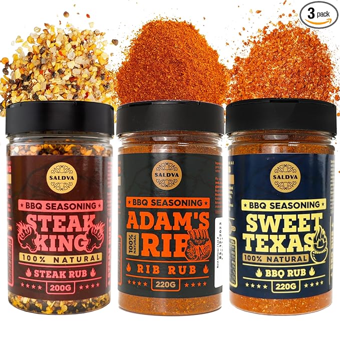Meat Lover's Selection of 3 BBQ Rubs - Adam's Rib + Sweet Texas + Steak King - 100% Natural Large Jars