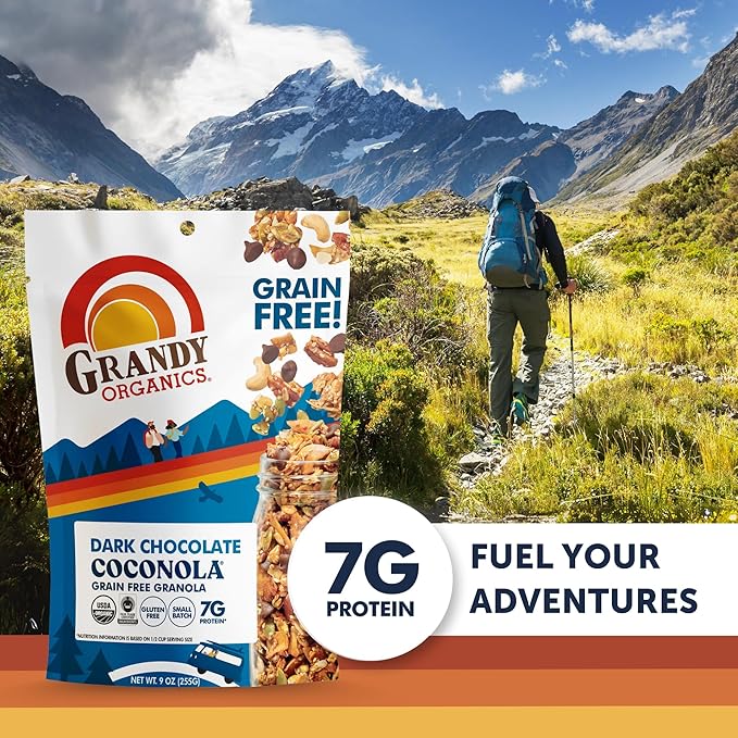 Grandy Organics Dark Chocolate Coconola Granola Certified Organic Gluten Free Granola Grain Free Chocolate Flavored Coconola Kosher Certified Paleo Friendly 9oz Each Pack of 6