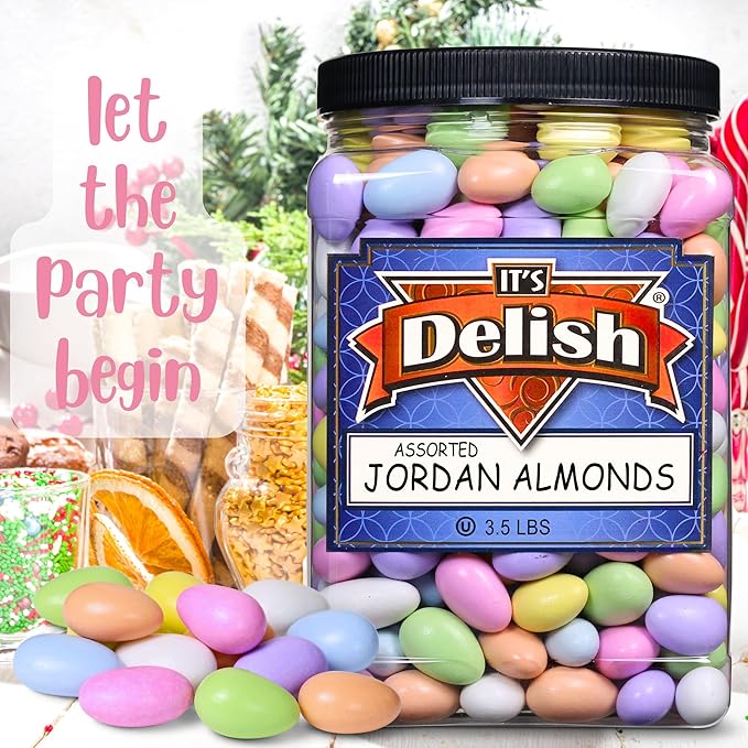Assorted Jordan Almonds Pastel Colors by Its Delish 3.5 lbs Jumbo Container | Easter Candy Sweet Hard Sugared Almond Nut - Wedding Favors Bridal Baby Showers Party Confetti Candies - Vegan Kosher