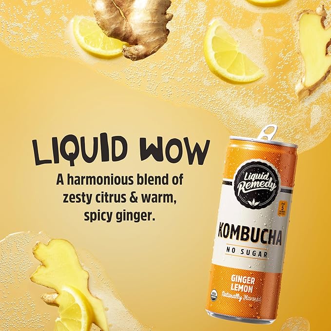 Liquid Remedy Kombucha Sugar Free Organic Drink Low Calorie Probiotic Like Tea for Gut Health - Ginger Lemon - 8.5 Fl Oz Can 24-Pack