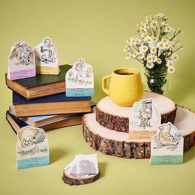 Thoughtfully Classic Winnie-the-Pooh Character Tea Gift Set Includes 12 Illustrated Boxes with Quotes from A.A. Milne Lemon Honey and Honey Hibiscus Flavors Baby Shower Nursery or Birthday Gift
