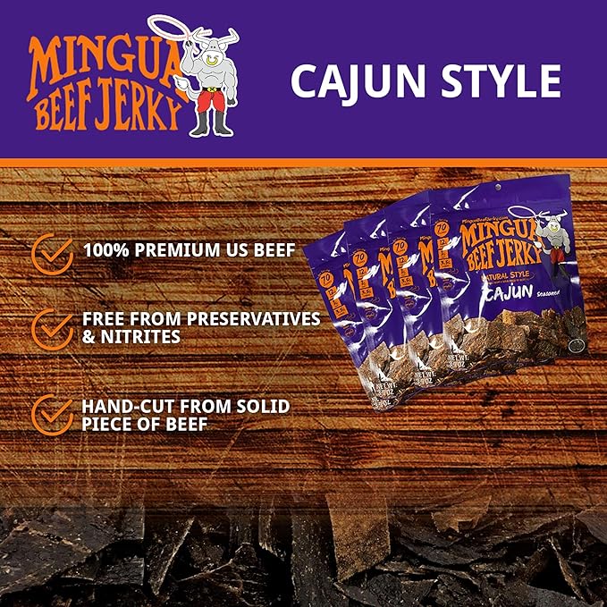 Mingua Beef Jerky Cajun-Seasoned - Nitrite-Free Spicy Beef Jerky - 100% US Beef Four 3.5-Ounce Bags