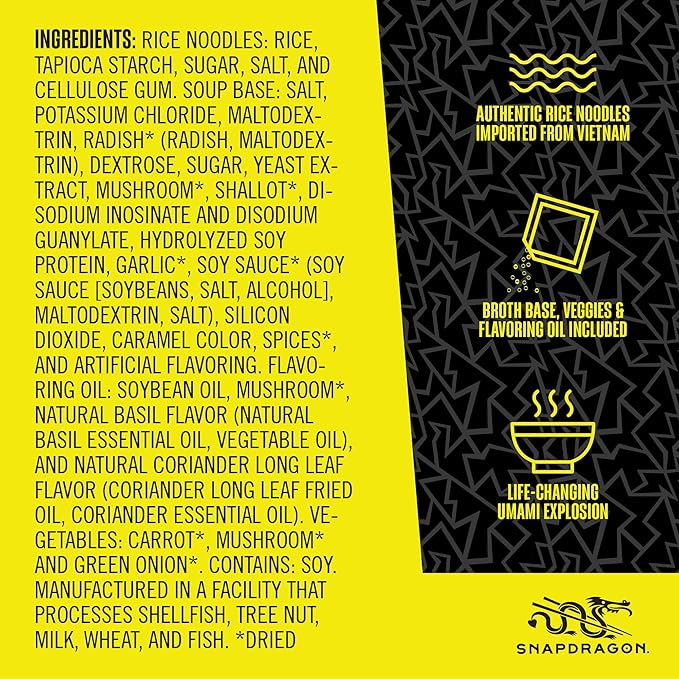 Snapdragon Mushroom Pho Instant Noodle Bowls | Mushroom Flavor Broth with Rice Noodles | Gluten Free | No Artificial Flavors | No MSG Added | 2.1 oz (6 Pack)