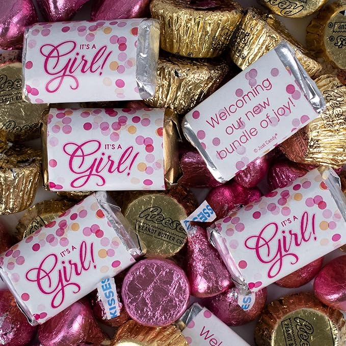 115 Ct It's A Girl Pink Baby Shower Chocolate Mix - Hershey's Miniatures Hershey's Kisses &amp Mini Peanut Butter Cups (1.68lbs) for Candy Favors Candy Buffets and Pink Baby Shower Table Decoration