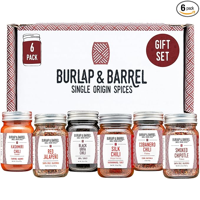 Burlap &amp Barrel Chili 6-Pack Gift Set- As Seen on Shark Tank! 6 of Our Favorite Chilis From Around the World- Includes Mild Medium &amp Hot Chilis - 6 Full Size Jars