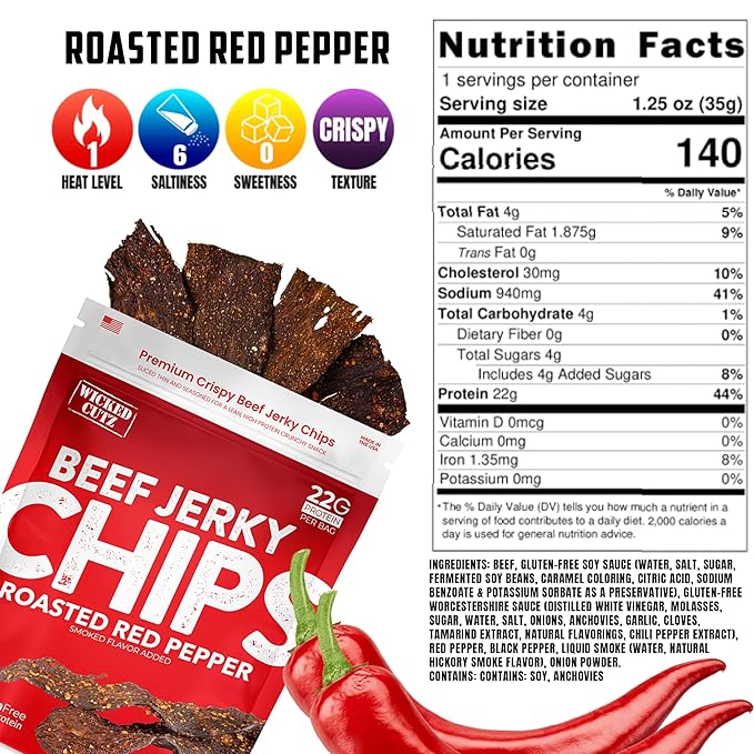 Wicked Cutz Roasted Red Pepper Beef Jerky Chips 22g Protein per Bag Crispy &amp Crunchy Beef Jerky Crisps USA Made Pepper Flavored Chips High Carnivore Snacks (2 Bags)