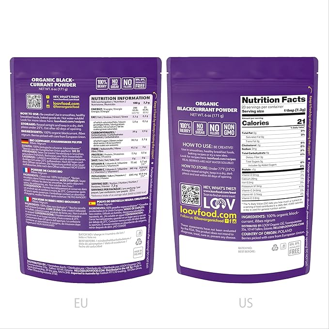 LOOV Blackcurrant Powder Organic Made from 100% Whole Blackcurrants Freeze Dried and Powdered Organic Blackcurrants 6 Ounces 23-Day Supply Grown in Northern Europe no Added Sugar