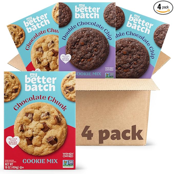 My Better Batch Chocolate Chip and Double Chocolate Cookie Mix Variety Pack Simple Cookie Recipe Chocolate Cookies Makes 64 Large Cookies Non GMO Kosher 16oz (Pack of 4)