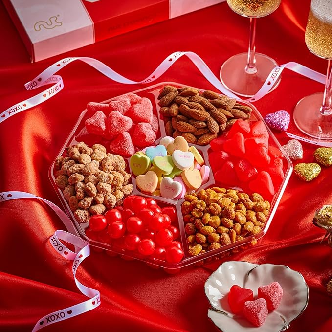 NUT CRAVINGS - Easter Mixed Nuts &amp Heart Candy Gift Basket in Red Gold Box (7 Assortments 1 LB) Ramadan Gifts Saint Patrick's Treats for Adults Food Arrangement Healthy Snack Care Package Kos