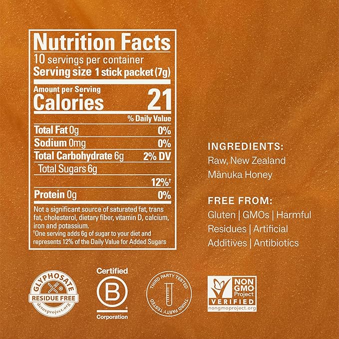 Manukora Raw Manuka Honey MGO 200+ New Zealand Honey Non-GMO Traceable from Hive to Hand Daily Wellness Support - 7g (0.25 Oz) 50 Sticks