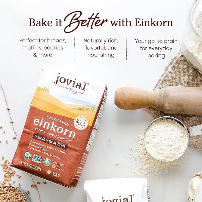 Jovial Organic Einkorn Whole Wheat Flour - Bread Baking Flour for Sourdough High Protein Non-GMO For Organic Pizza &amp Pasta European Italian Made Glyphosate Free - 32 Oz 2 Pack
