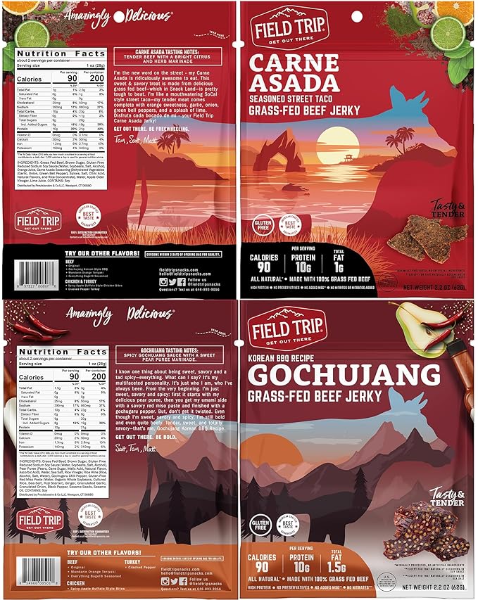 Field Trip Grass Fed Beef Jerky Variety Pack Healthy Gluten Free Snacks All Natural Paleo-Friendly Meat Snacks with No Nitrates Low Carb High Protein Snacks 2.2oz Bag 4 Pack