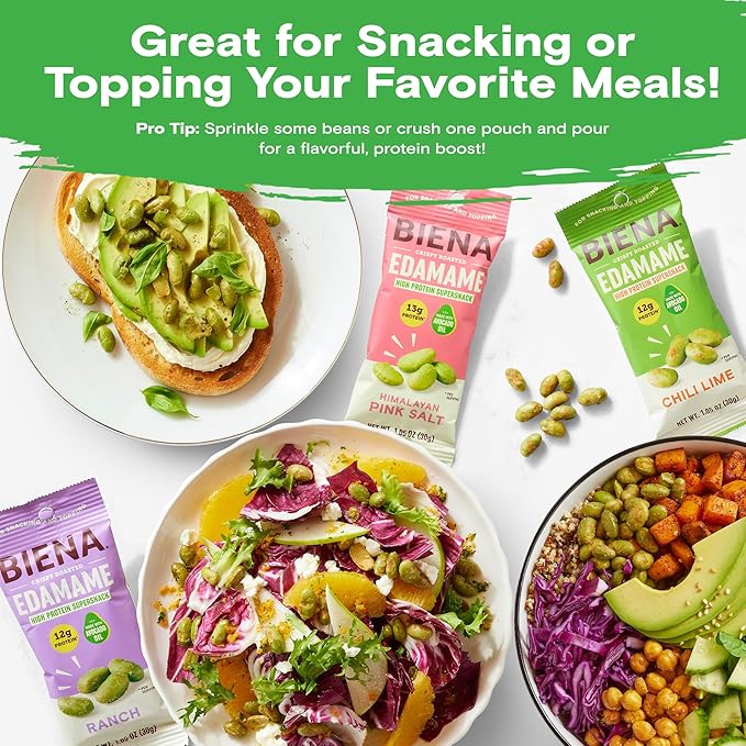 Biena Crispy Roasted Edamame Beans Snack – High Protein Low Carb Snack for Adults &amp Kids 12g-13g Protein per Serving - Made w/Avocado Oil – Vegan Gluten-Free – 18-Pack 1.05oz Variety Pack