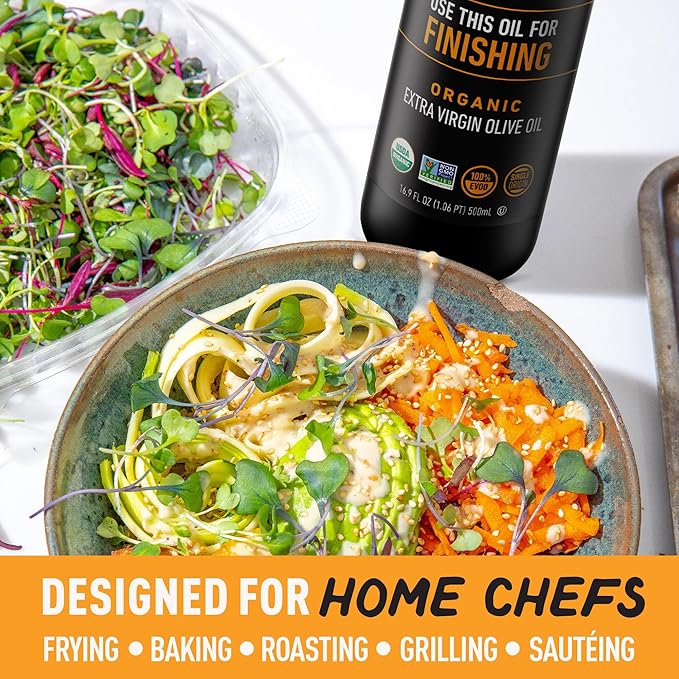 Chefs Life Organic Finishing Oil - 100% Extra Virgin Olive Oil Organic Olive Oil EVOO Perfect for Dressing Pure Single Origin Non GMO - 16.9 Fl Oz Squeezable Bottle (1 Pack)