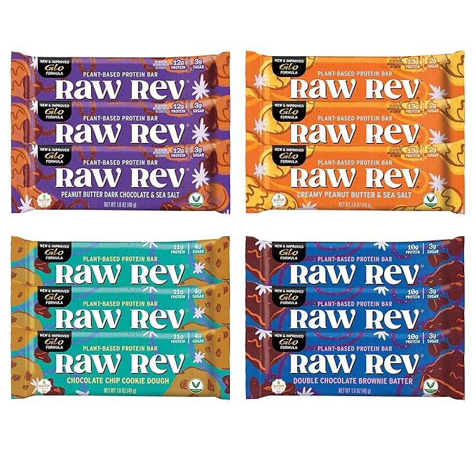 RAW REV Vegan Protein Bars Variety Pack - 12 bars Non-GMO Plastic-Neutral Nothing Artificial Glo Formula Gluten-Free Keto-Friendly Paleo Kosher No Sugar Alcohols No Stevia