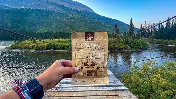 Righteous Felon Beef Jerky - Bourbon Franklin Flavor - All-Natural Bourbon Jerky - Locally Sourced &amp Dried Beef Jerky - Low-Sugar High-Protein Healthy Snacks - 2 Ounces Each Pack of 8