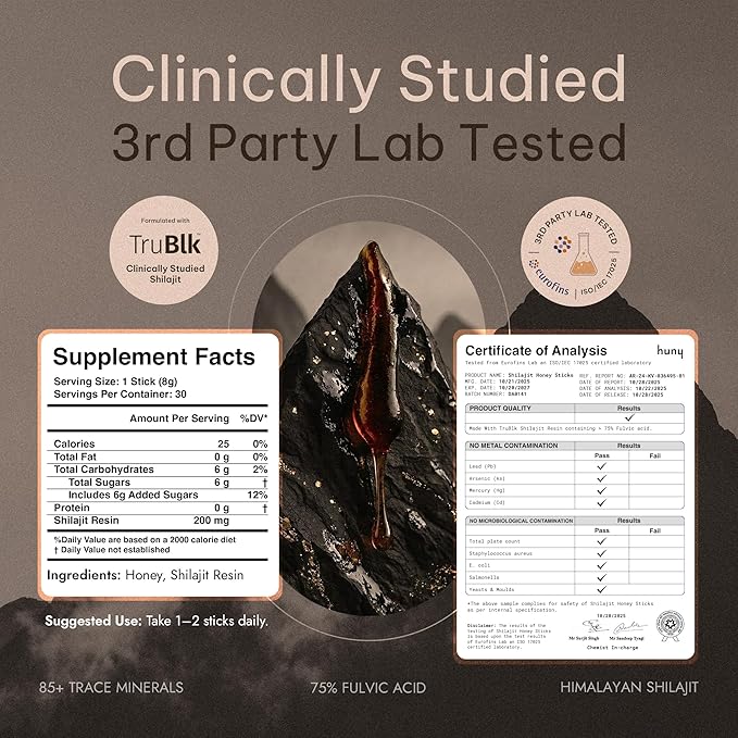 HUNY Bee Energized Shilajit Honey Sticks | Functional Raw Honey + TruBlk Clinically Studied Pure Himalayan Shilajit | 85+ Trace Minerals &amp Fulvic Acid for Clean Energy | 30 Count