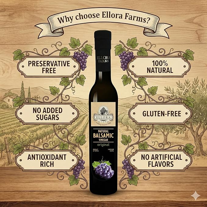 Ellora Farms Plain Natural Balsamic Vinegar Award-Winning Thick and Creamy No-added Sugars No-Preservatives Glass Bottle 8.45 oz. Pack of 1