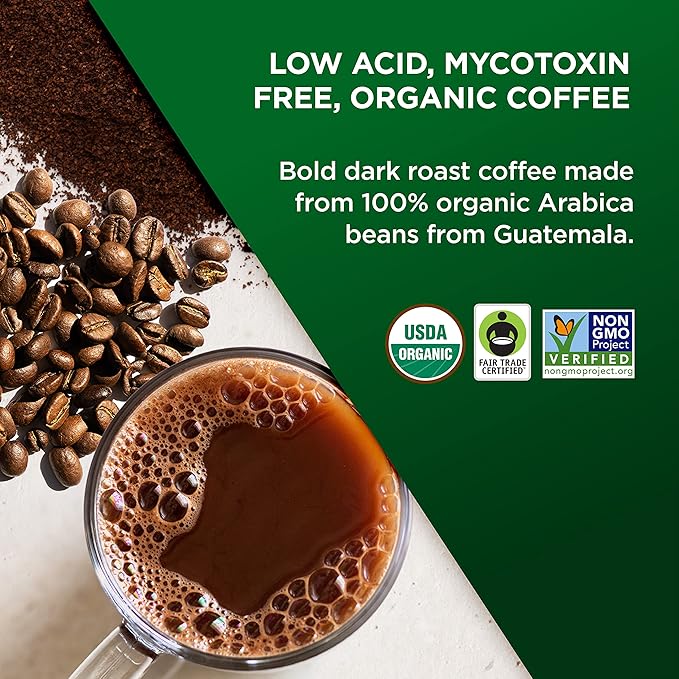 VitaCup Perfect Low Acid Coffee Bundle Pure &amp Smooth USDA Organic &amp Fair Trade Mycotoxin Free Dark Roast |16 CT Pods &amp 11 oz Organic Ground Coffee