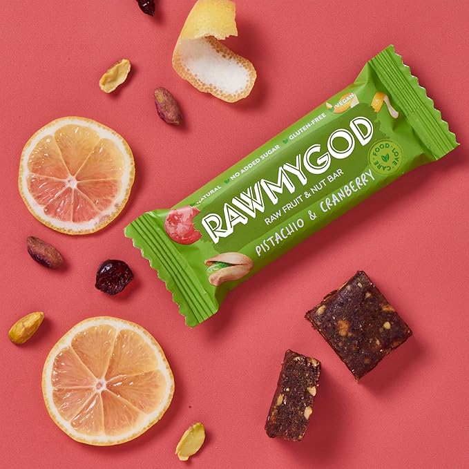 RAWMYGOD Fruit and Nut Bars Gluten Free Vegan No Added Sugar (16 bars Pistachio &amp Cranberry)