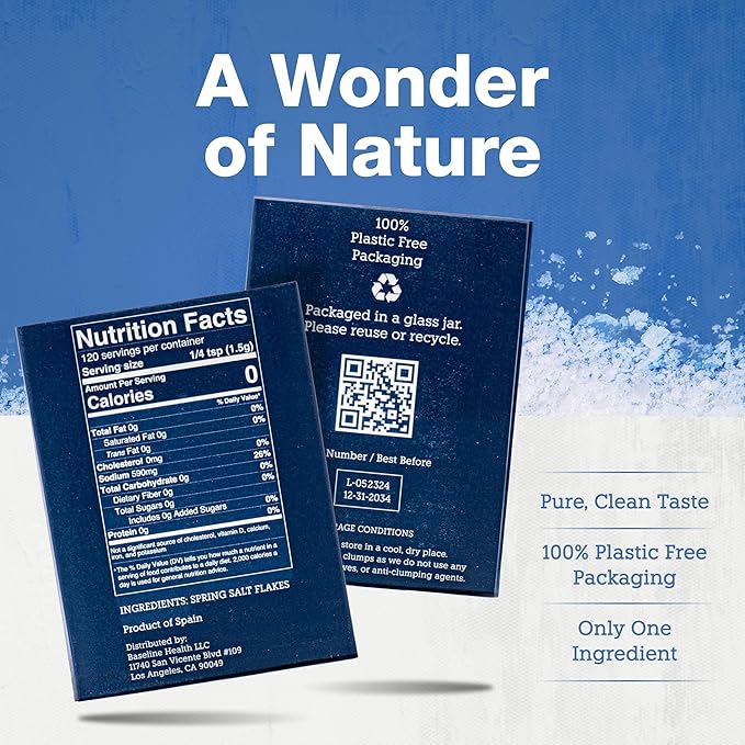 Vera Salt Flake Spring Salt – 180g Glass Jar – Gourmet Finishing Salt Flakes from Spain – Hand-Harvested White Crystals with Natural Minerals - Microplastic-Free Salt