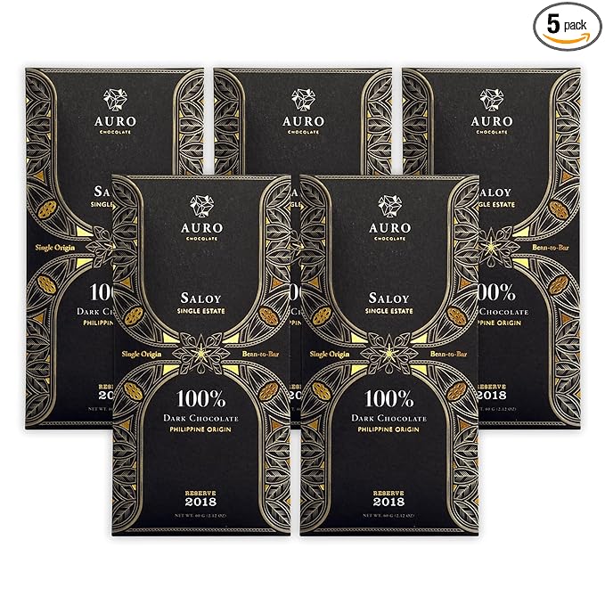 Auro Reserve Saloy 100% Dark Chocolate 5 Pack - Filipino Chocolate - Premium Made At Origin Direct Trade Bean-to-Bar Woman Owned BIPOC Owned - Vegan Gluten-Free - Bundle