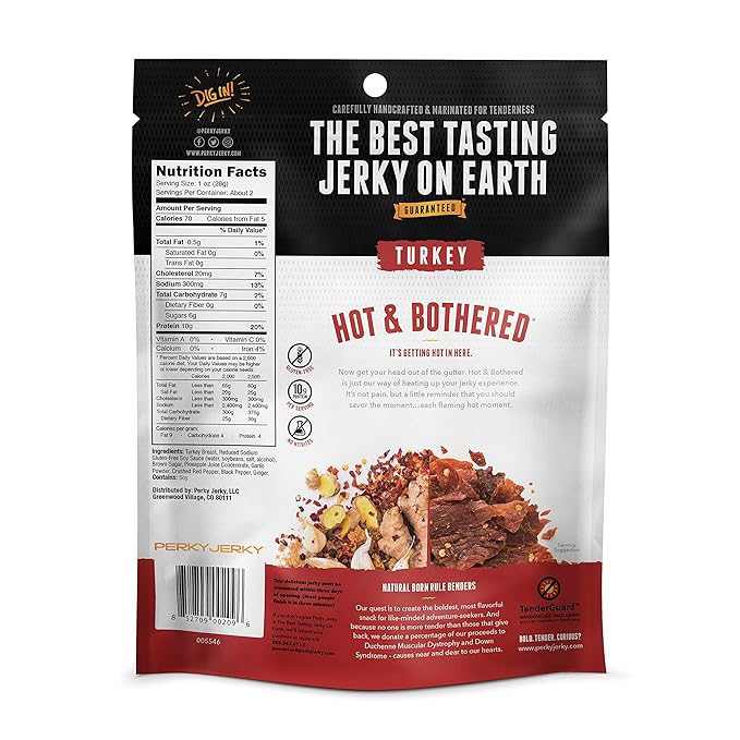 Perky Jerky Hot and Bothered Turkey Jerky 2.2oz (Pack of 12) - Low Sodium - 10g Protein per Serving - Low Fat - 100% U.S. Sourced - Tender Texture