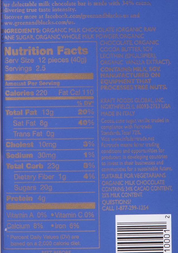 Green &amp Black's Organic Milk Chocolate 34% Cacao 3.5 Ounce Bars10 count