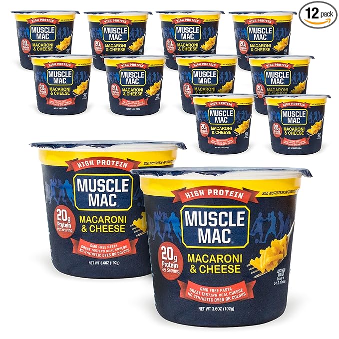 Muscle Mac Macaroni and Cheese Dinner with Real Cheese Microwaveable 20g of protein 3.6 oz per cup (Pack of 12)