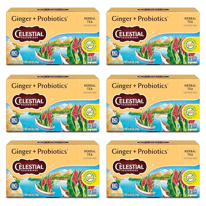 Celestial Seasonings Ginger + Probiotics Herbal Tea Caffeine Free 16 Tea Bags Box (Pack of 6)