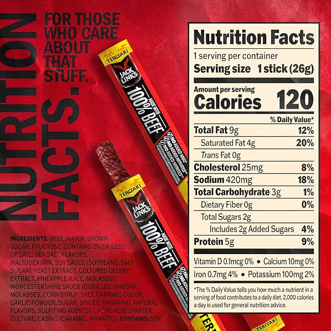 Jack Link's Beef SticksTeriyaki - Protein SnackMeat Stick with 5g of ProteinBeef Jerky Meat Snack Sticks Made with 100%-BeefKeto FriendlyIndividually Wrapped - 0.92 Oz.(Pack of 40)