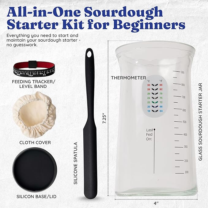 Pro Sourdough Starter Kit -37oz Wide Mouth Sourdough Starter Jar Kit for Bread - Large Glass Sourdough Jar Feeding Band Cloth Cover Spatula &amp Thermometer–Best Sourdough Bread Kit for Beginners